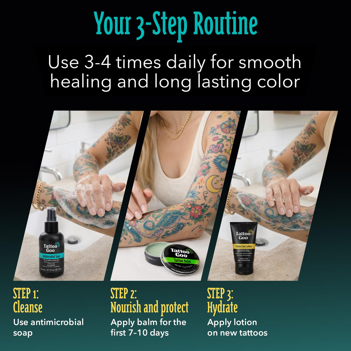 Tattoo Goo products next to a ruler showing compact travel-friendly sizes
