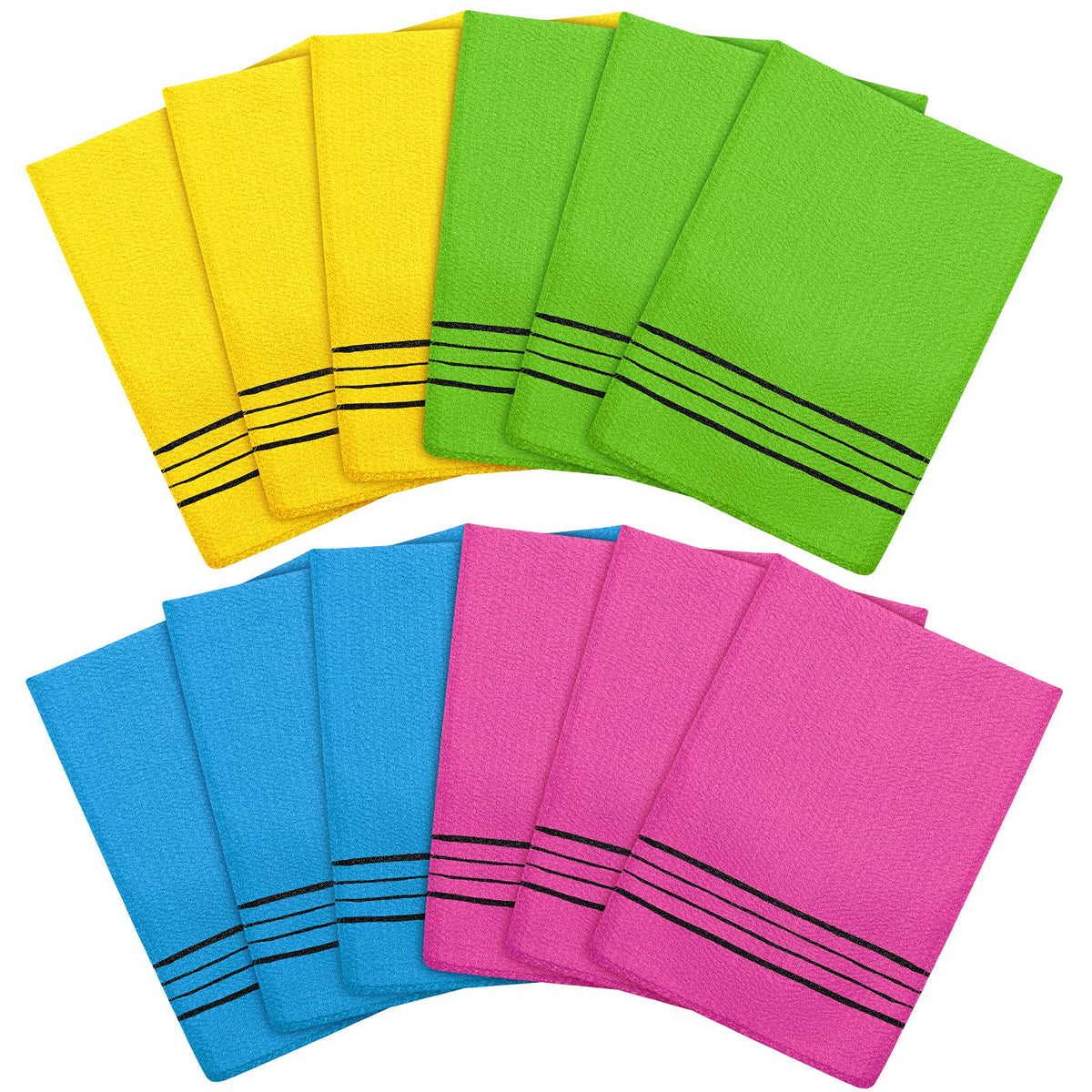 Tatuo front packaging showing 12 assorted exfoliating mitts and quantity benefit