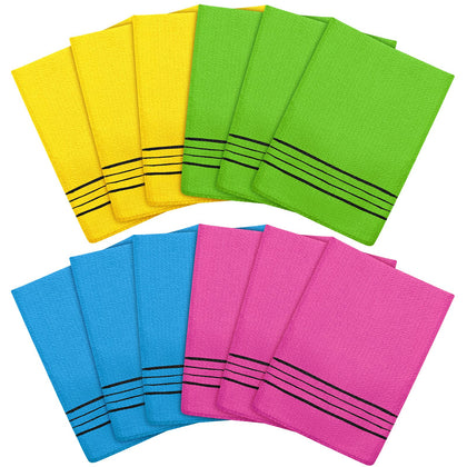 Tatuo front packaging showing 12 assorted exfoliating mitts and quantity benefit