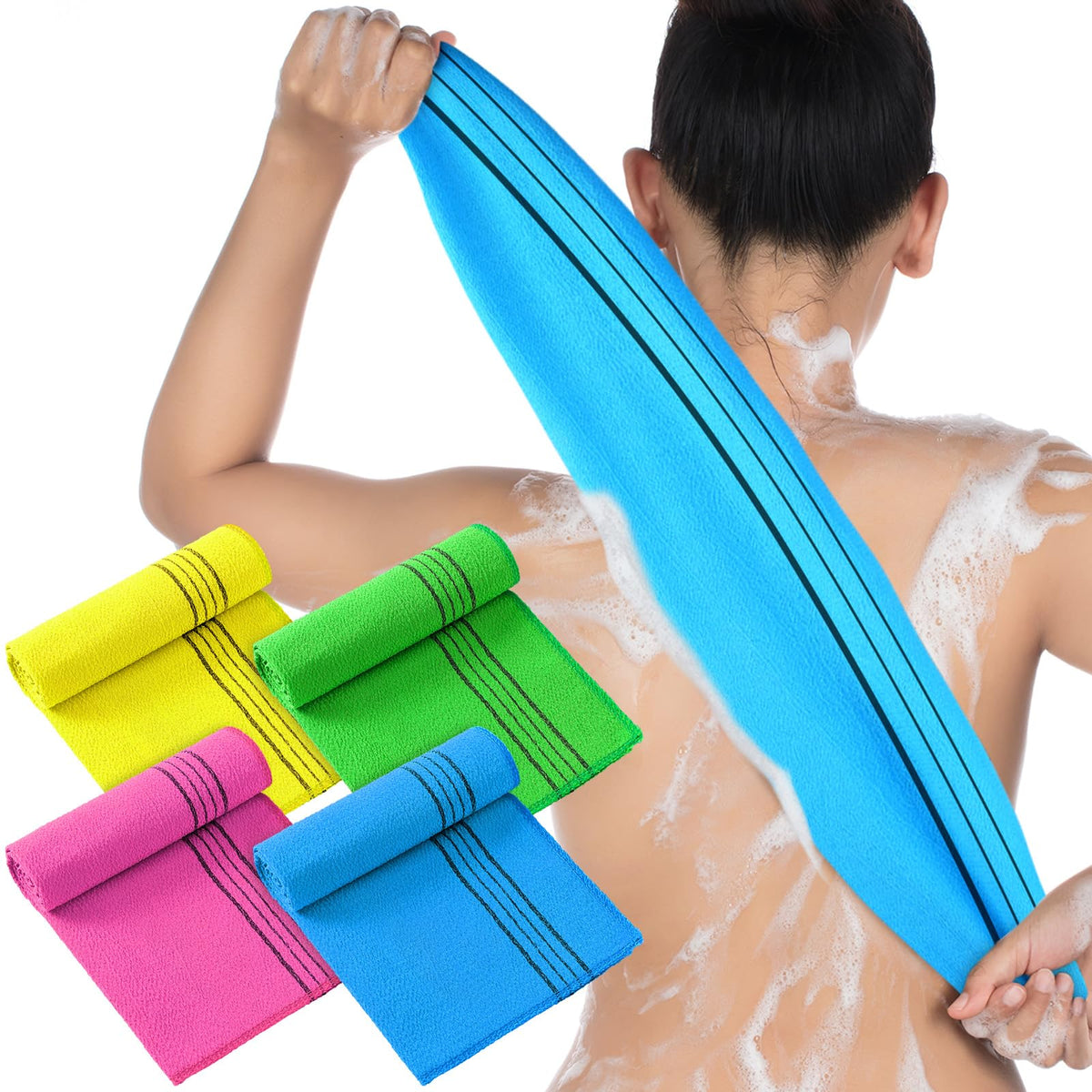 Tatuo front view of four colored exfoliating washcloths showing neat packaging and variety benefits