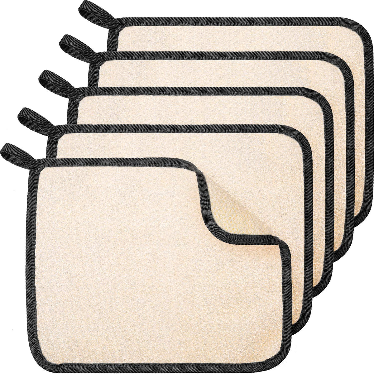 Tatuo front pack view showing five black-edged exfoliating towels and benefits