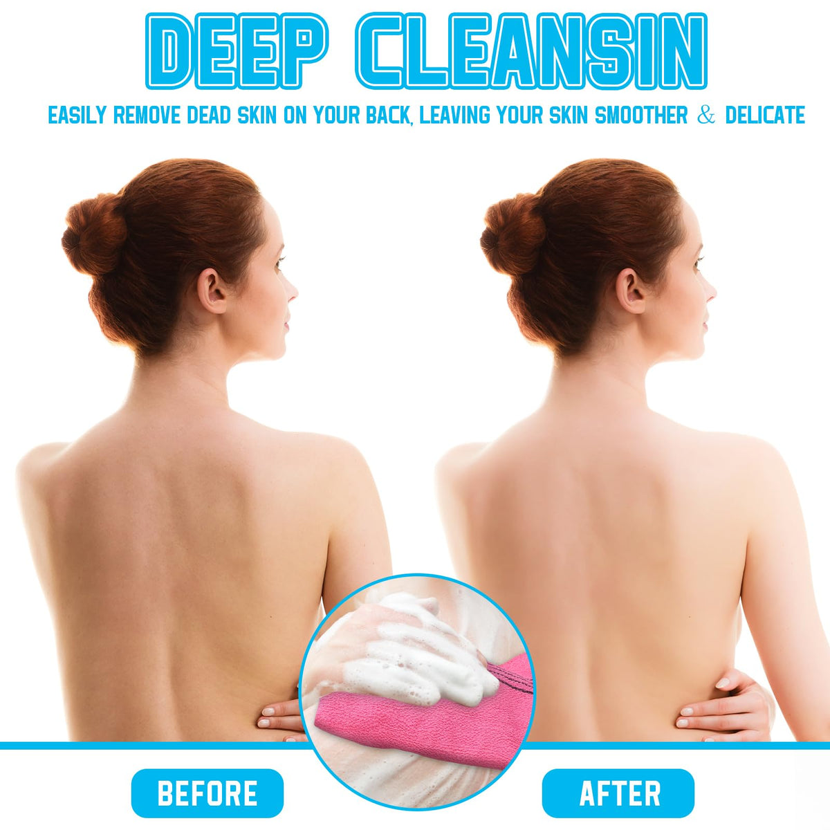 Tatuo demonstration of the 35.5 inch washcloth used to reach the back for easier scrubbing