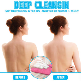 Tatuo demonstration of the 35.5 inch washcloth used to reach the back for easier scrubbing