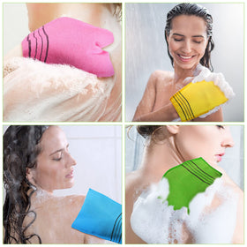 Tatuo mitt used in shower demonstrating effective body exfoliation benefit
