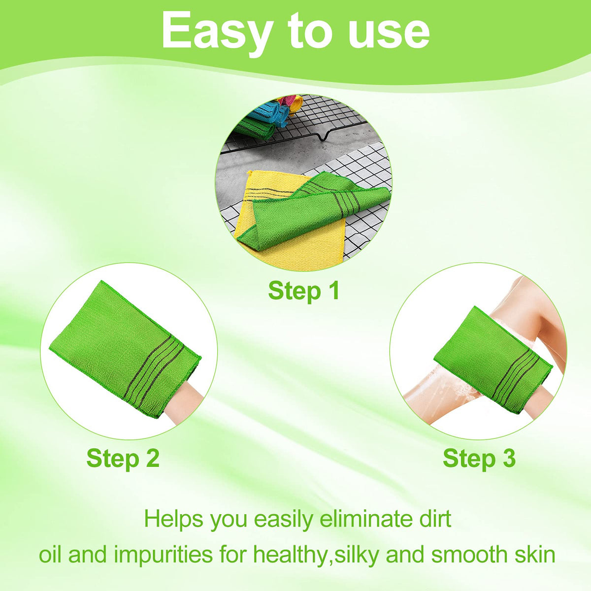 Tatuo mitt with soap lather in shower demonstrating easy dead-skin removal