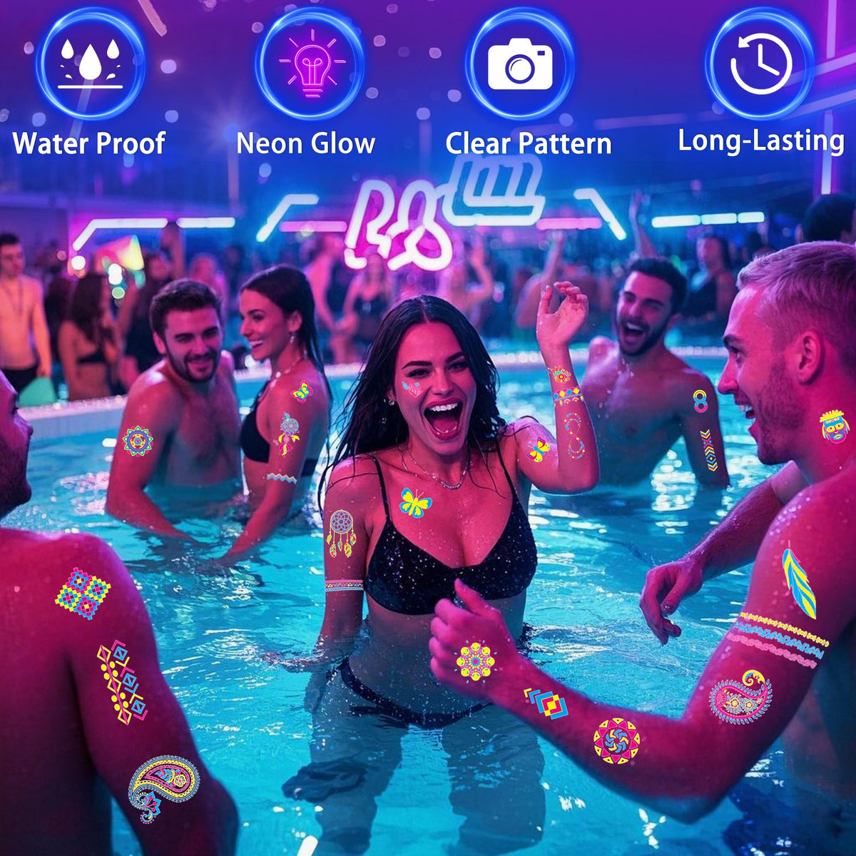 TATUWST glow under blacklight demonstrating vivid UV-reactive party effect