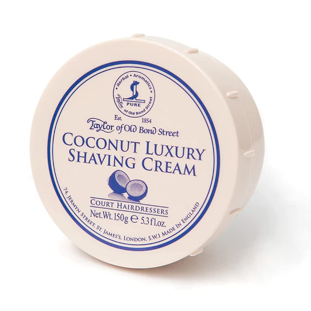 Taylor of Old Bond Street coconut bowl front view showing label and size, easy identification benefit