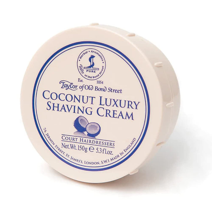 Taylor of Old Bond Street coconut bowl front view showing label and size, easy identification benefit