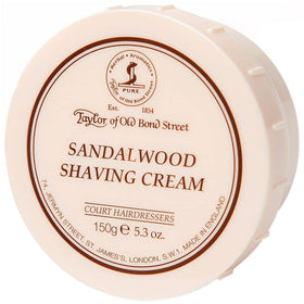 Taylor of Old Bond Street front view of sandalwood shaving cream bowl showing packaging and label benefit: clear presentation