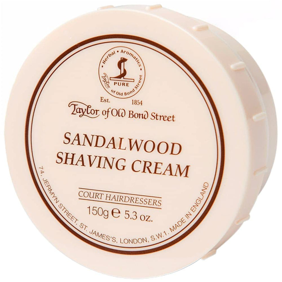 Taylor of Old Bond Street front view of sandalwood shaving cream bowl showing packaging and label benefit: clear presentation