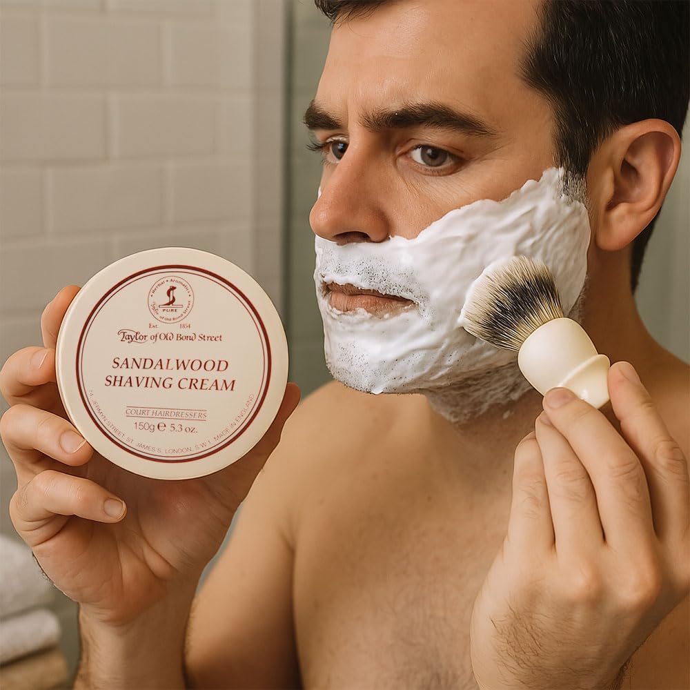Taylor of Old Bond Street shaving bowl in use with brush creating lather benefit: easy to whip
