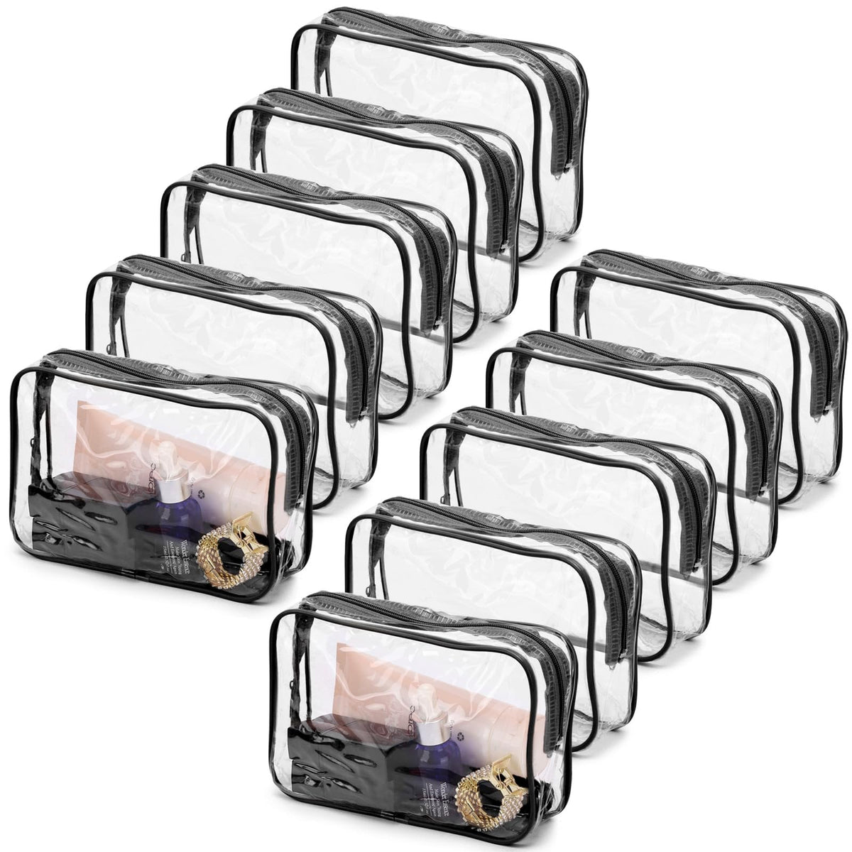 Tbestmax front view of ten clear cosmetic bags showing compact set and quick identification