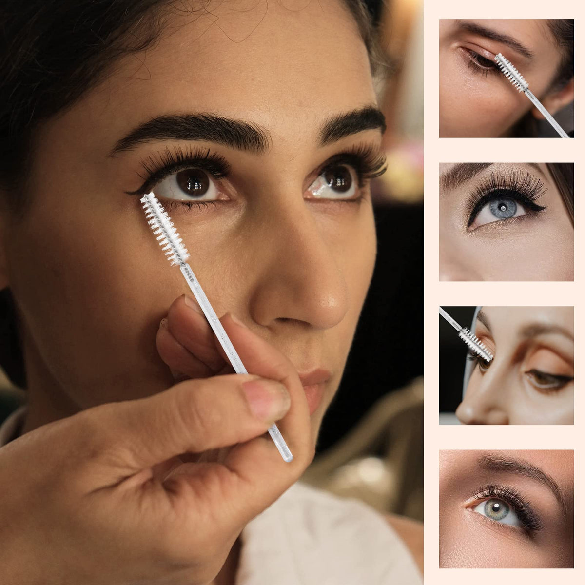 Tbestmax spoolie brushing eyelashes to remove clumps and refine mascara finish