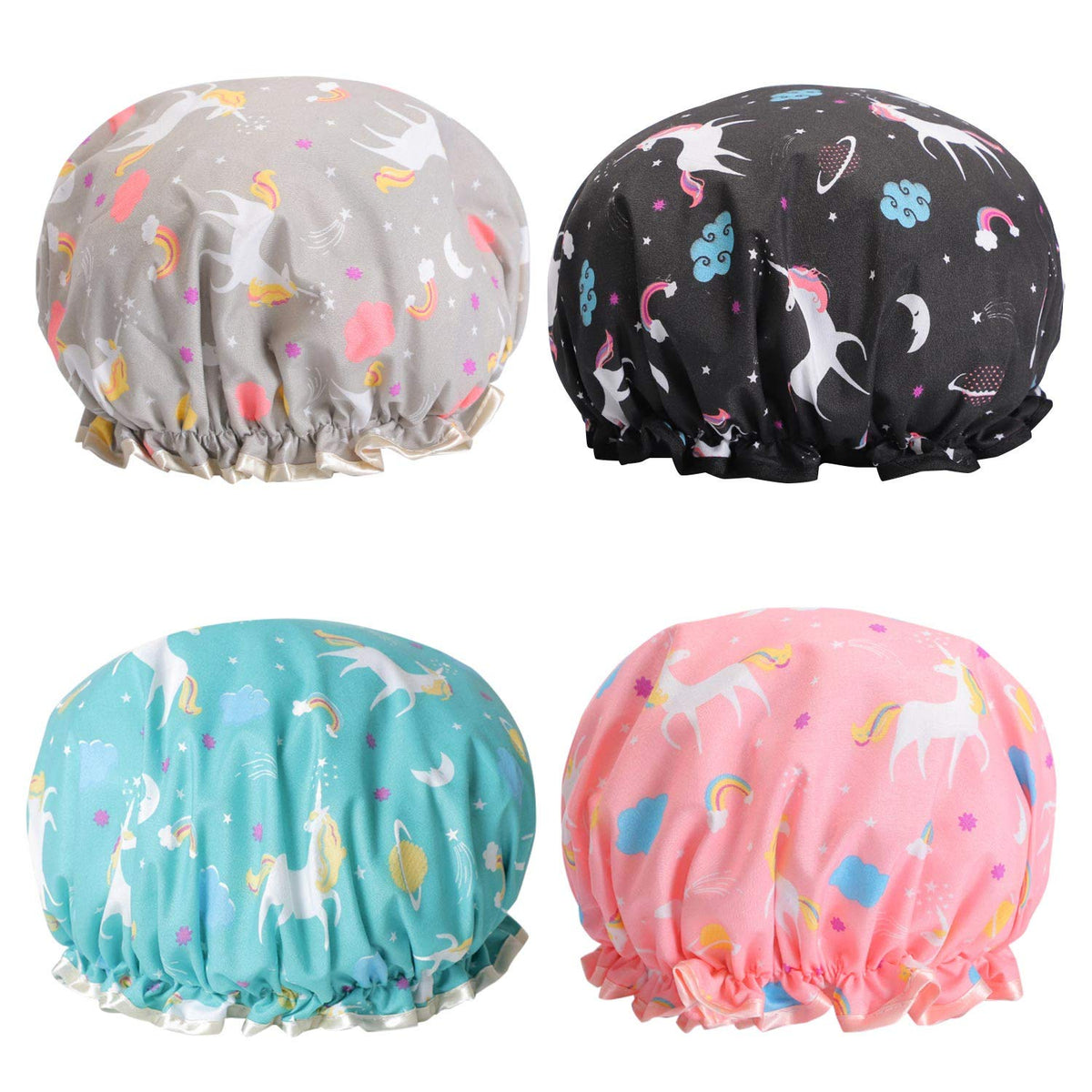 Tbestmax unicorn shower cap front view showing colorful unicorns and waterproof protection