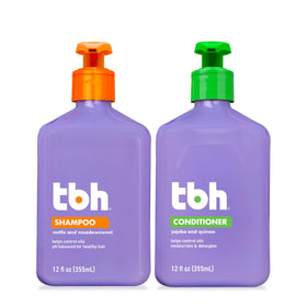 TBH front packaging showing both shampoo and conditioner, easy family use benefit
