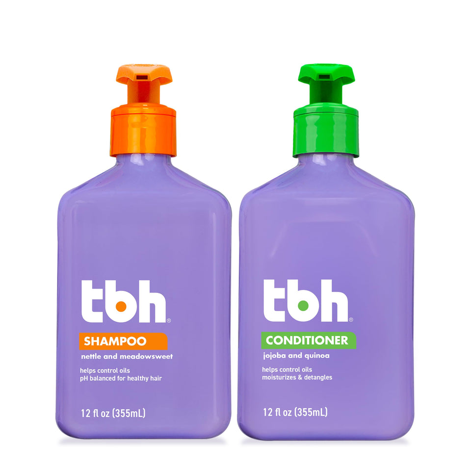 TBH front packaging showing both shampoo and conditioner, easy family use benefit
