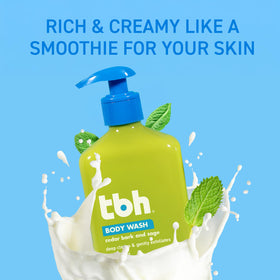 Teen using TBH body wash in shower demonstrating easy rinse and fresh feeling