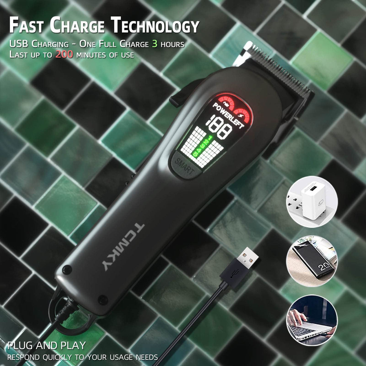 TCMKY accessories laid out including combs and charger for all-in-one grooming