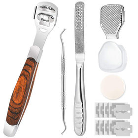 TCOCOS callus shaver front view showing complete kit and portability benefit