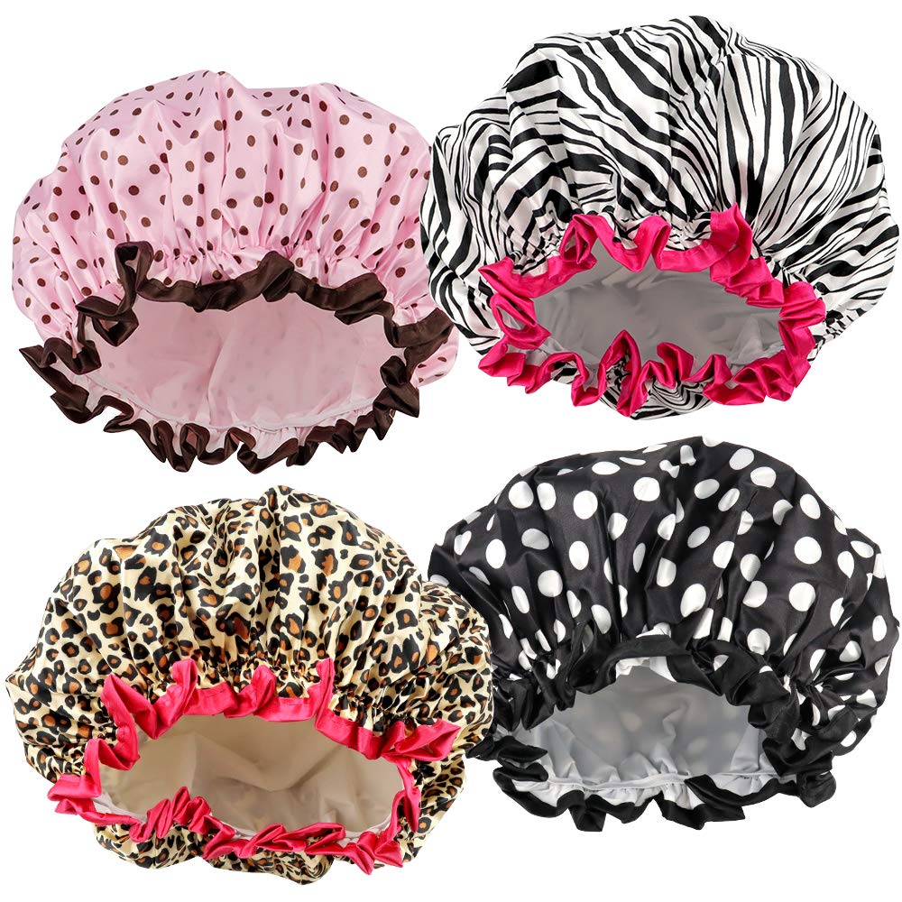 TCOTBE front view of four shower caps showing patterns and coverage benefit