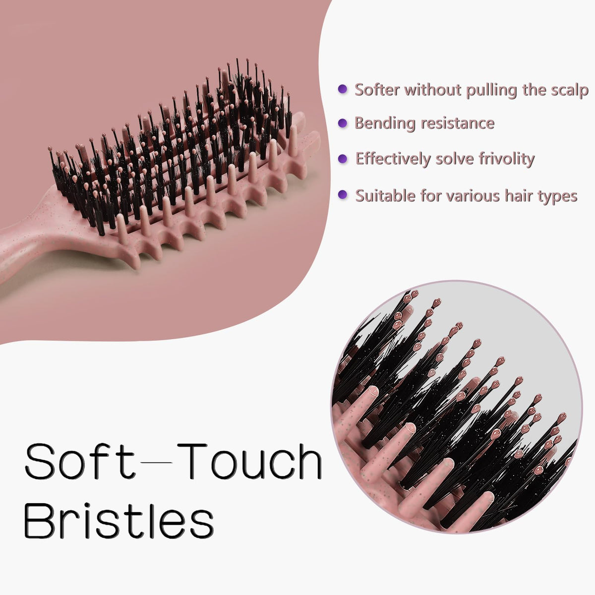 Tcsxady nylon bristle detail demonstrating gentle detangling and reduced breakage