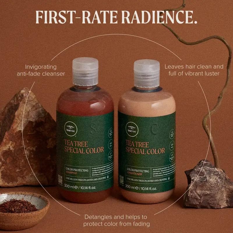 Tea Tree conditioner pump and label close-up highlighting professional packaging benefits