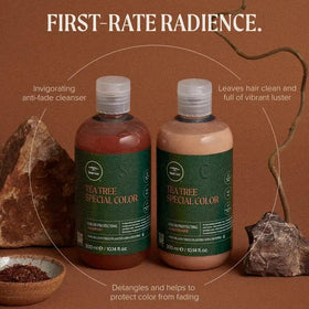 Tea Tree conditioner pump and label close-up highlighting professional packaging benefits