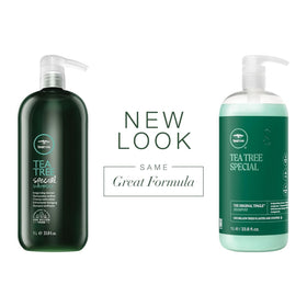 Tea Tree conditioner pour close-up showing creamy texture and slip for easy detangling benefit