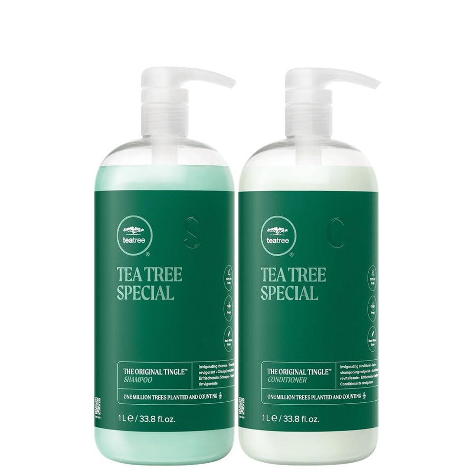 Tea Tree duo front packaging showing salon-size bottles and botanical branding for long-lasting supply