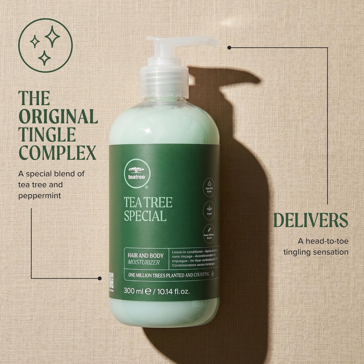 Tea Tree product with tea tree leaves highlighting botanical ingredients