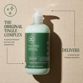 Tea Tree product with tea tree leaves highlighting botanical ingredients