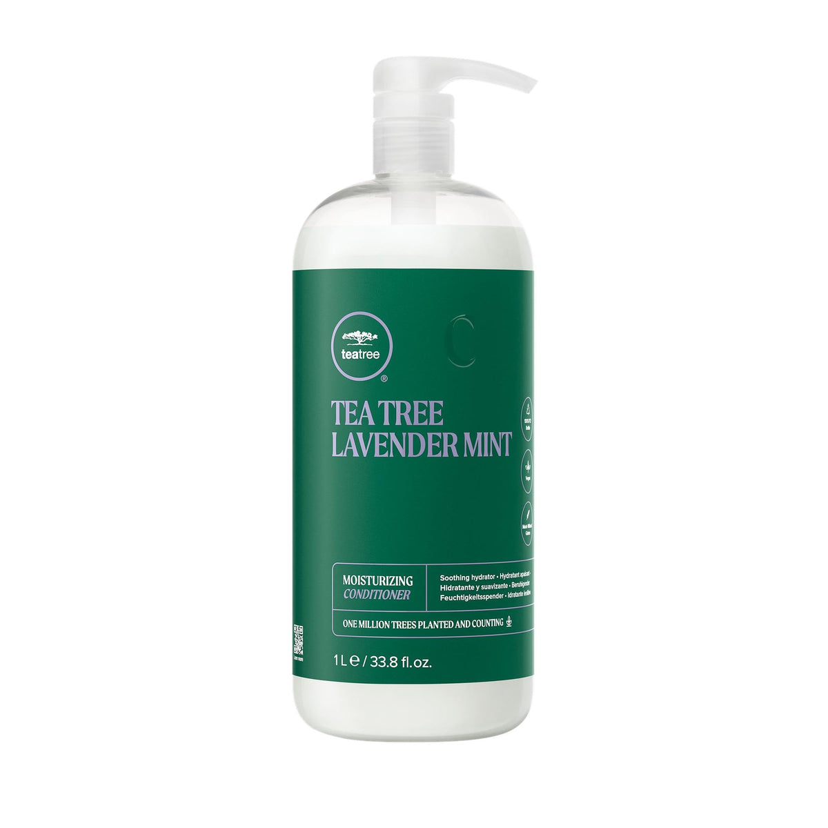 Tea Tree front bottle view showing 33.8 fl oz and soothing lavender scent benefit