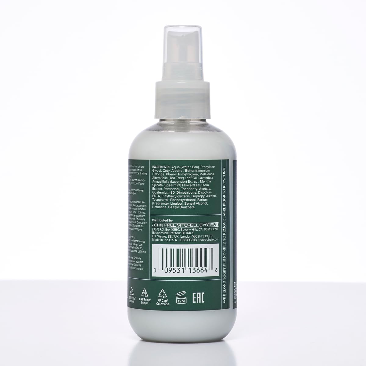 Tea Tree label closeup highlighting panthenol and vitamin E benefits