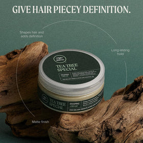 Tea Tree open jar texture highlighting cream fibers and easy-to-work consistency