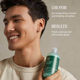 Tea Tree 16.9 fl oz bottle next to common items to indicate actual size and scale