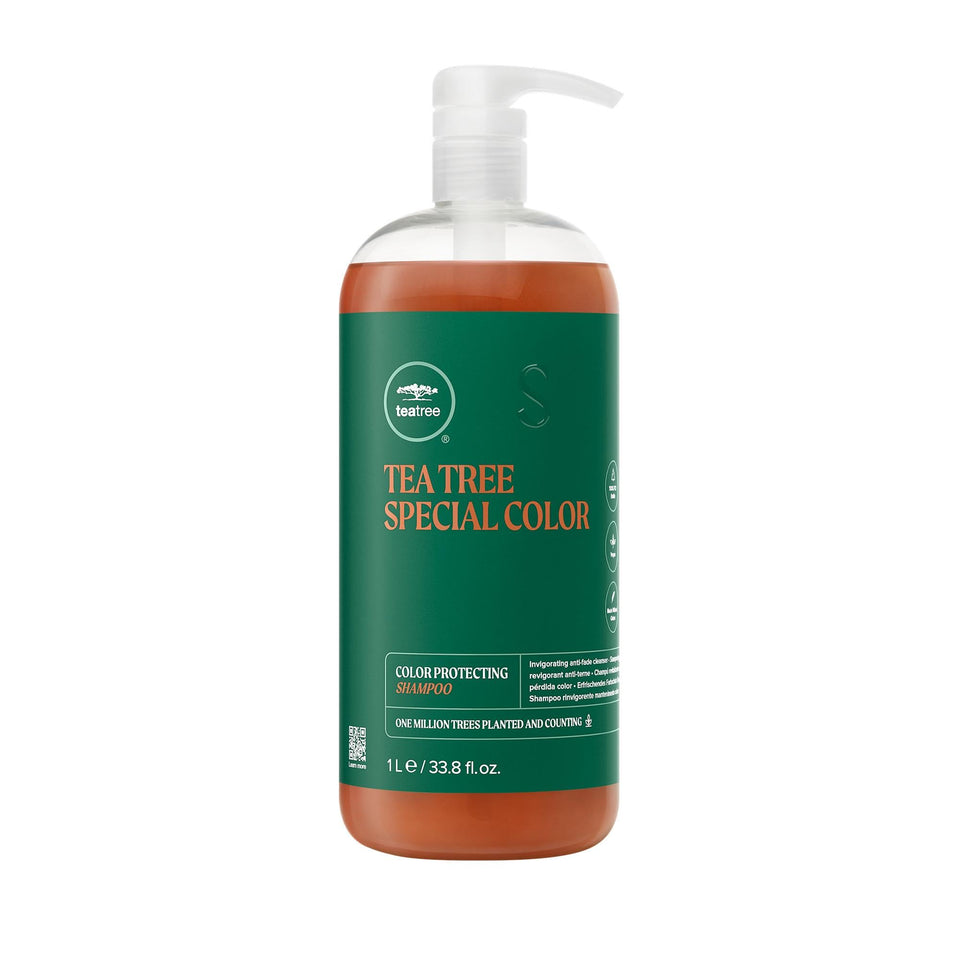 Tea Tree front bottle view showing product and benefit of color-safe cleanse