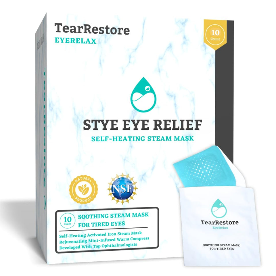 TearRestore front packaging showing ten individually wrapped heated masks
