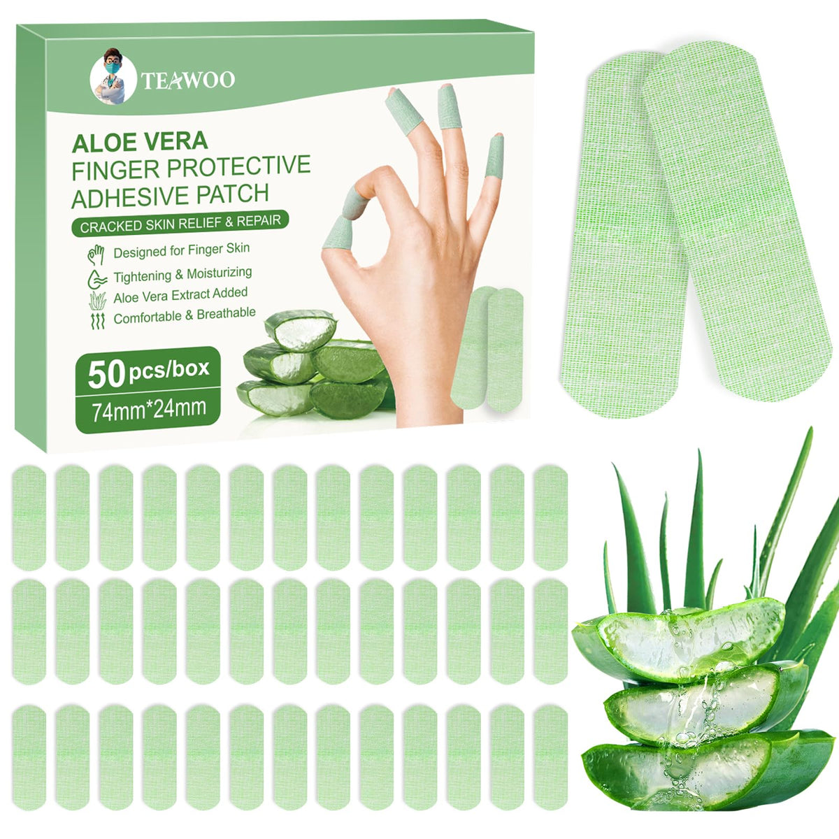 TEAWOO front packaging showing 50 aloe vera repair patches, fast protection