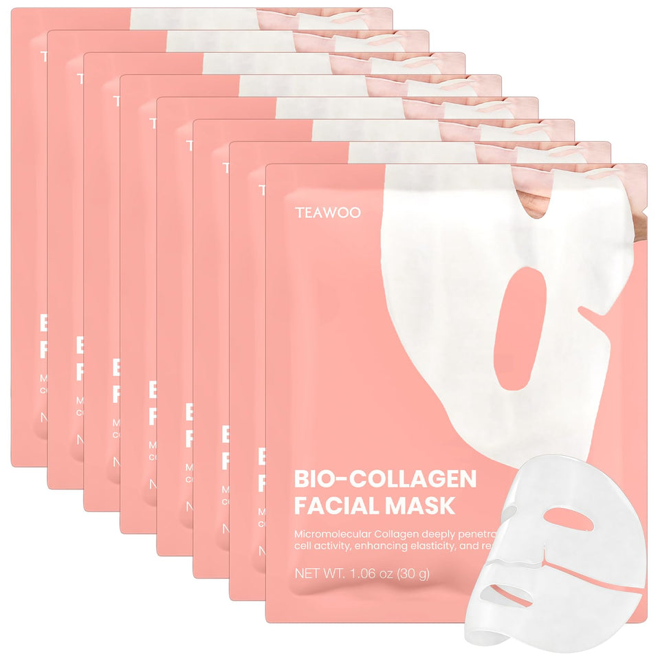 TEAWOO front packaging showing eight bio-collagen hydrogel masks and benefit