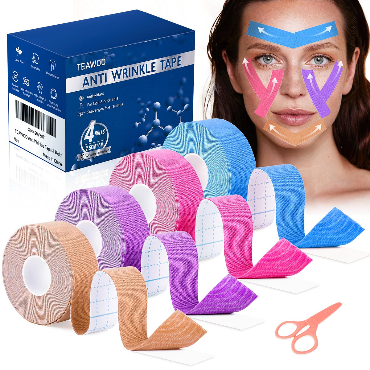 TEAWOO front packaging showing face tape and color options, promoting convenience