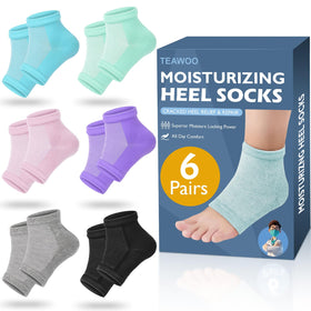 TEAWOO front view of six-pair heel socks showing colors and packaging benefits