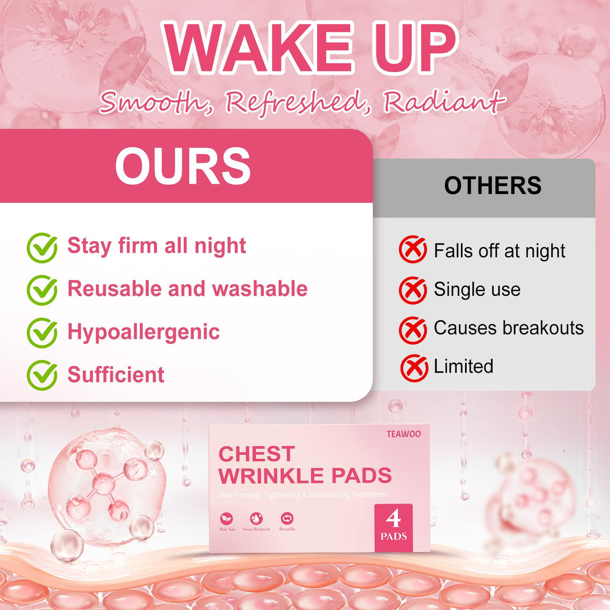 TEAWOO pads on nightstand beside pillow demonstrating overnight use and hydration benefit