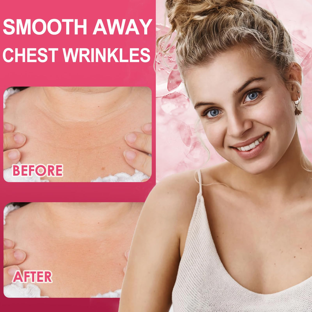 TEAWOO pad applied to model's chest demonstrating conforming fit and smoothing benefit