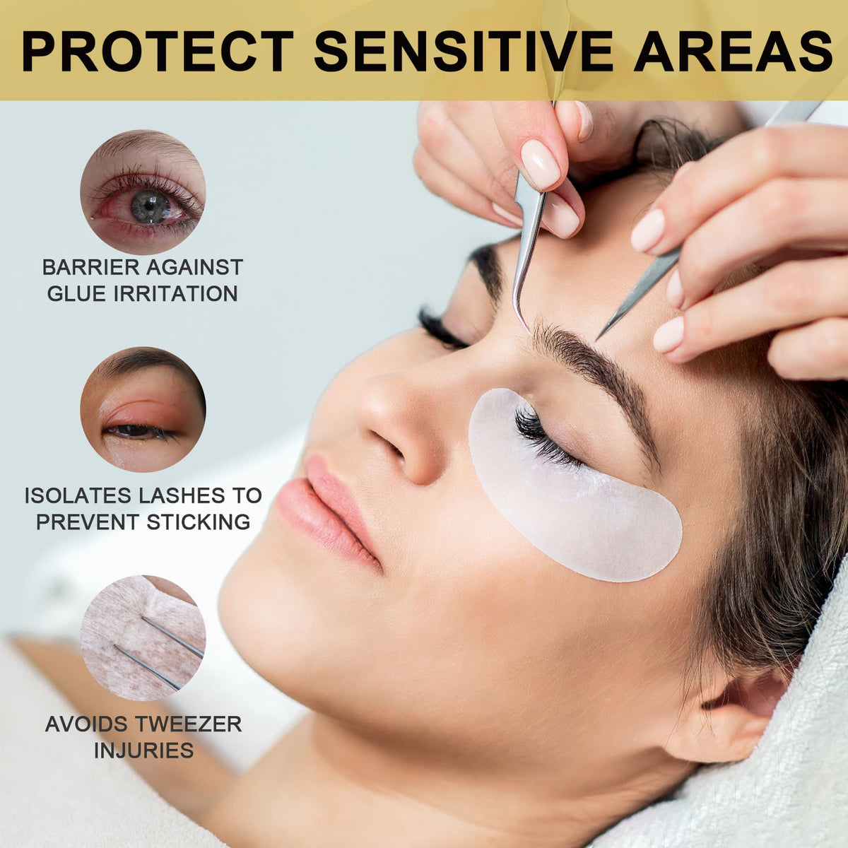 TEAWOO patch applied under eye on model demonstrating secure fit benefit
