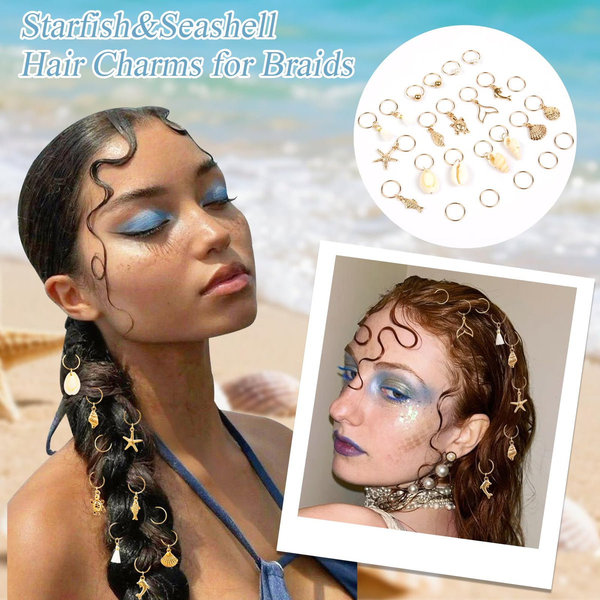TEBIEKOY charms clipped into box braids for a beach-inspired look