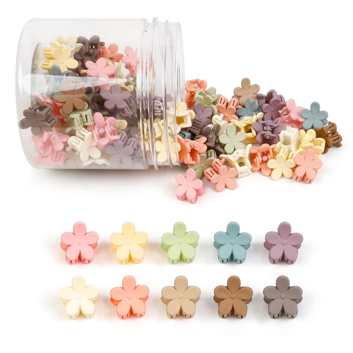 TEBIEKOY front packaging showing 100 colorful mini flower clips and easy storage