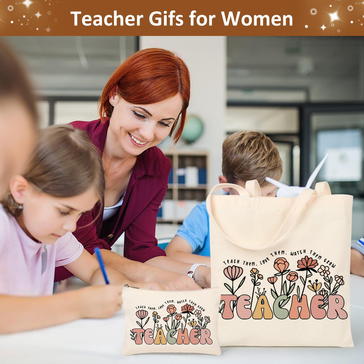 Tecanne teacher using tote and cup illustrating everyday classroom benefit