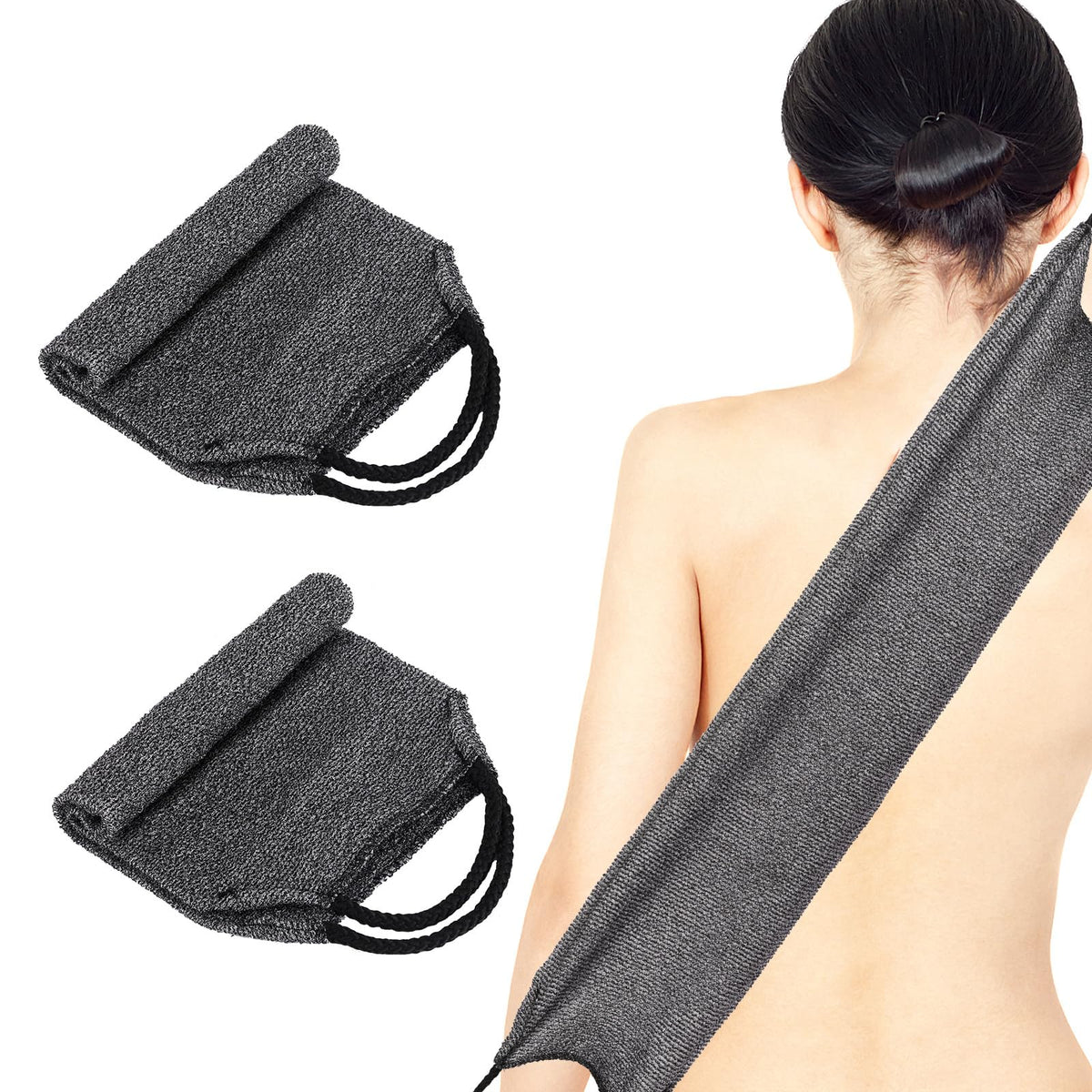 Tecbeauty front view of two gray back scrubbers showing full length and handles for easy reach