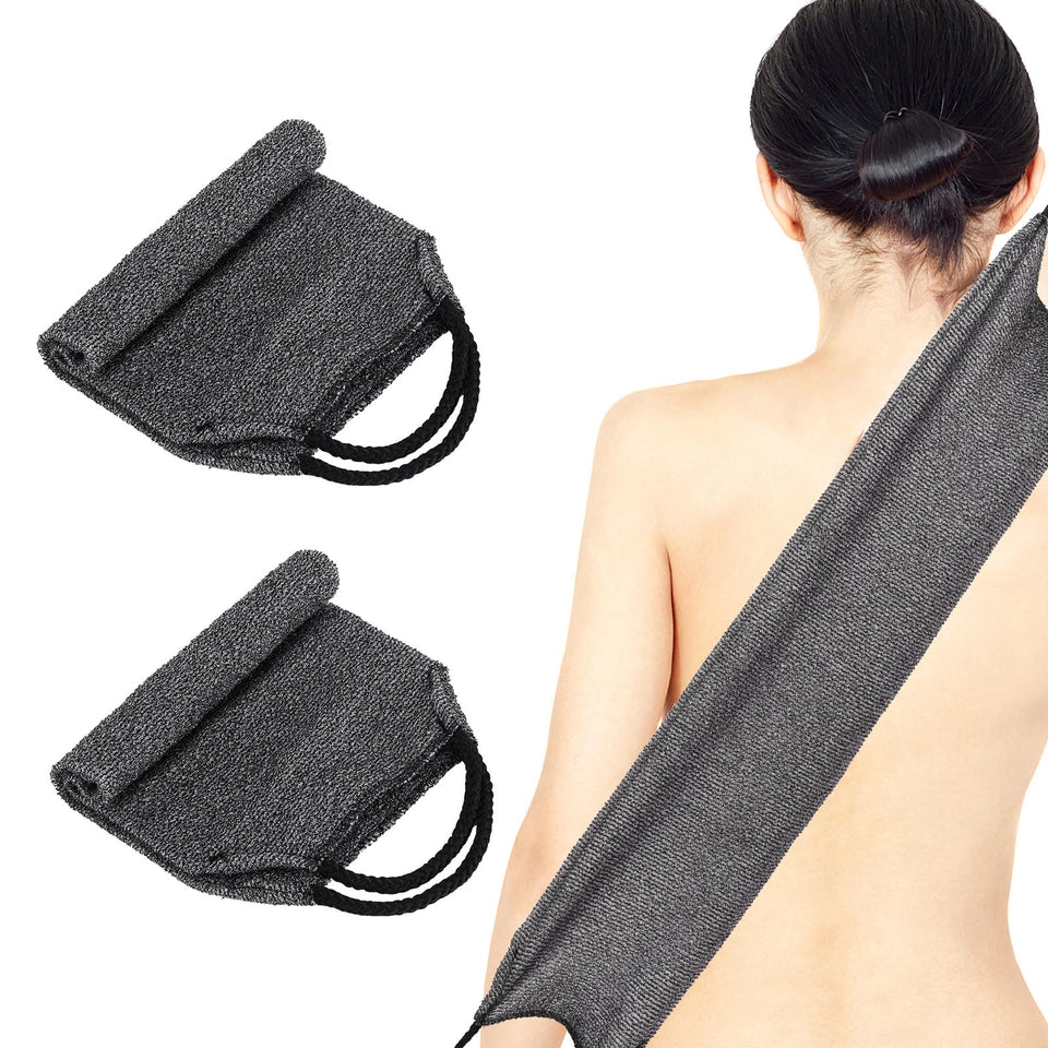 Tecbeauty front view of two gray back scrubbers showing full length and handles for easy reach