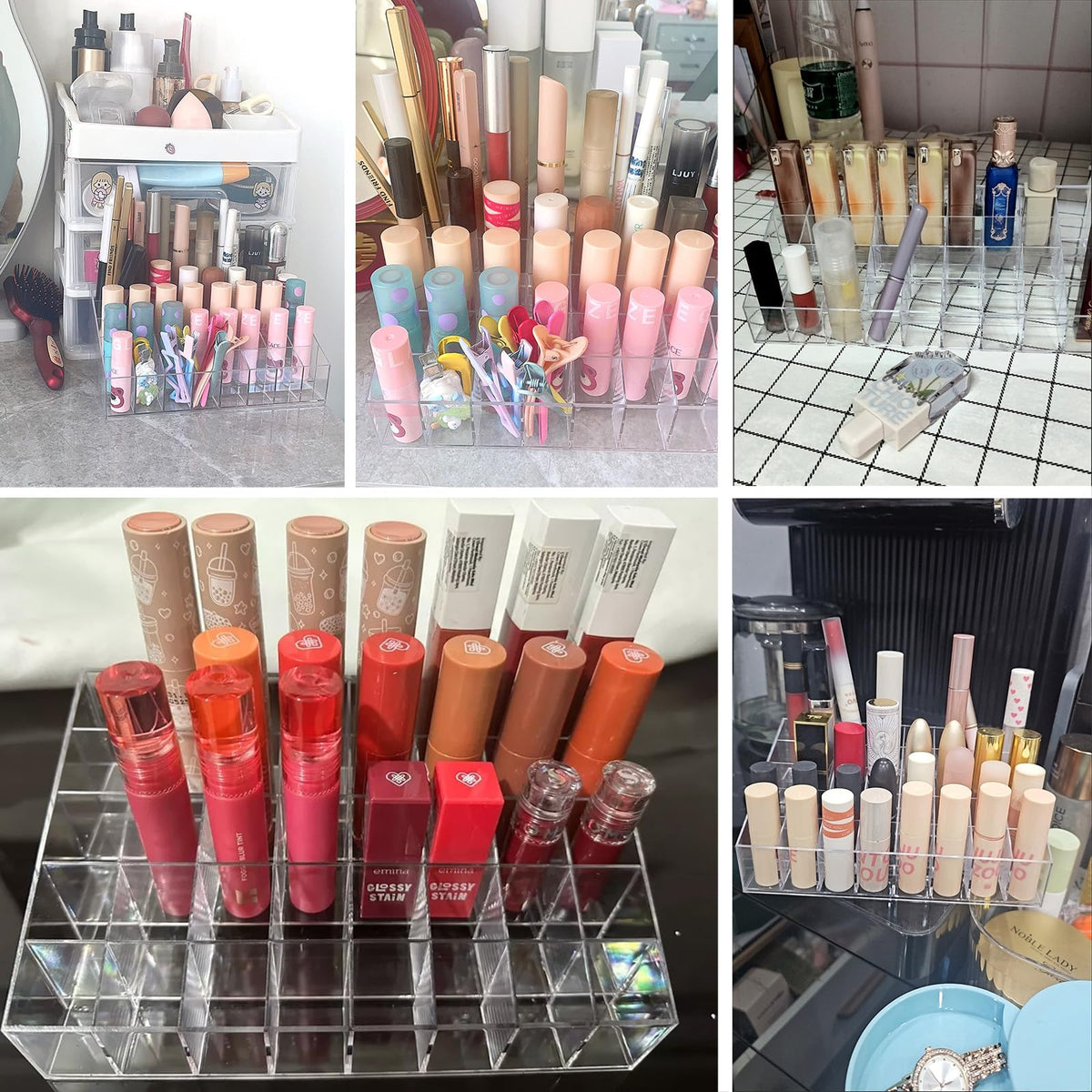 Tecbeauty organizer filled with lipsticks on vanity for quick selection